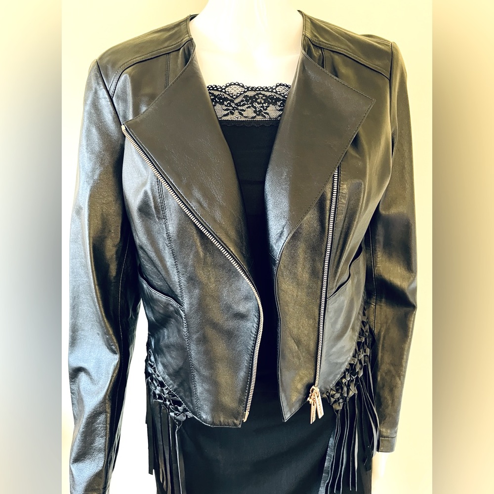 Black real lamb leather short blazer leather macrame & long tassels zipped front